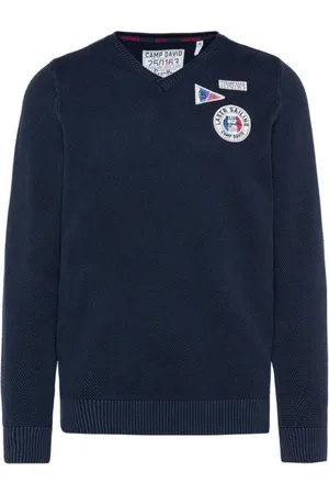 Camp David V-hals trui met breipatroon en patches, (M)