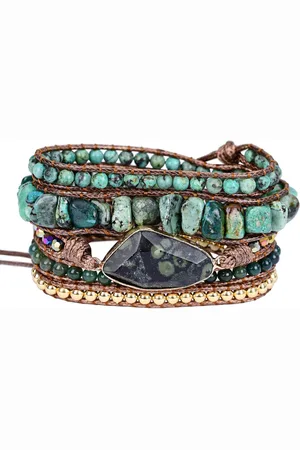 Marama Armband - Jaspis - turquoise edelsteen - bruin vegan waxcord - damesarmband - cadeau dames - wikkelarmband - one size fits all - geschenkverpakking