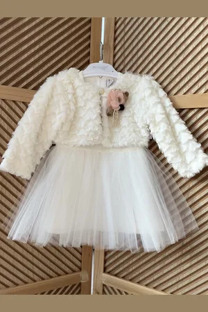 Merkloos Luxe feestjurk-bruidsjurk-doopkleding-tule jurk met jasje-bolero-bloemetjesmotief-baby jurk-tutu rok- tweedelige set- katoenen jurk met steentjes en bloem-bruidsmeisjes-doopsel-bruiloft-verjaardag-fotoshoot- ivoor kleur-maat 80- 9 tem 12 ma