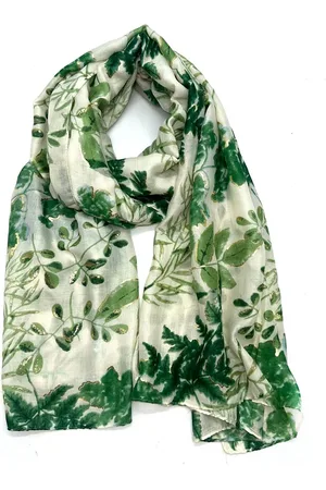 Merkloos Lange dames sjaal Corine-bladerenmotief- wit goud evergreen smaragd licht blauw