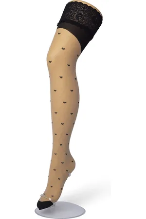 Bonnie Doon Dames Hold Up met Hartjes Print maat L/XL - Brede Siliconen Band - Little Hearts Hold Up - Zakt niet af - Bies aan Achterkant - Panty zonder Broekje - Siliconenrand - Blijven Perfect Plakken - Panty Kousen - Nude - BP201705.297
