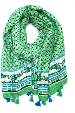 Merkloos Lange dames sjaal Kathleen-fantasiemotief- wit turquoise evergreen blauw