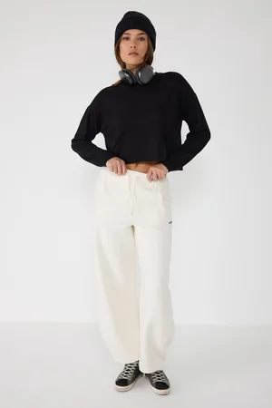 No Matter What Apparel Pantalon large taille haute écru avec écriture détaillée