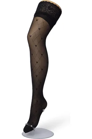 Bonnie Doon Dames Hold Up met Hartjes Print maat L/XL Zwart - Brede Band met Siliconen - Little Hearts Hold Up - Zakt niet af - Bies aan Achterkant - Panty zonder Broekje - Siliconenrand - Blijven Perfect Plakken - Panty Kousen - - BP201705.101
