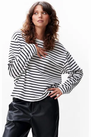 Catwalk Junkie Dames O-hals longsleeve shirt relaxed fit stripes zwart & wit