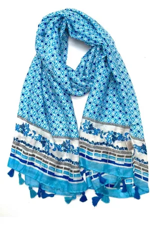 Merkloos Lange dames sjaal Kathleen-fantasiemotief- wit grijs turquoise marine