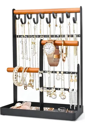 Merkloos Sieradenstandaard 4 niveaus met houten basis - Oorbellen - Ringen - Armbanden - Horloges - Zwart