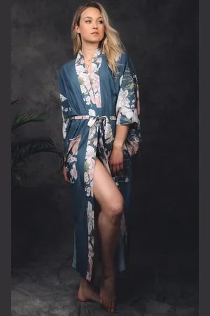 Merkloos Kimono dames badjas - Flower Deluxe blauw met bloemen en pauw, vrouw, maat M