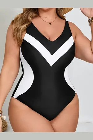 Merkloos Badpak dames- Plus Size Badpak: Stijlvol Rugloos Design met Trendy Print en Flatterende Pasvorm- Zwemkleding Strandkleding 430- Zwart wit