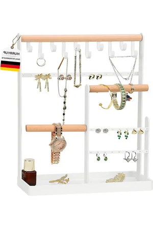 Merkloos Sieradenstandaard met opbergbasis van hout en metaal - organizer voor ringen, oorbellen, armbanden en accessoires - wit