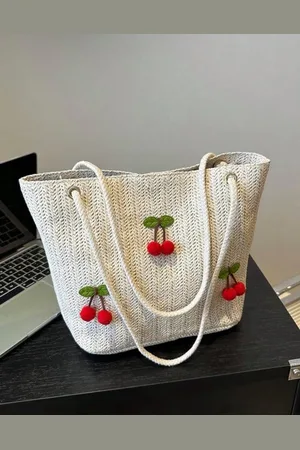 Merkloos Strandtas - Schoudertas - Riet - - Kersen - Strand accessoires