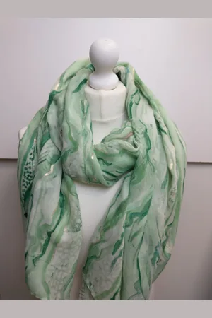 Merkloos Lange dames sjaal Tineke fantasiemotief beige wit goud lichtgroen lime donkergroen