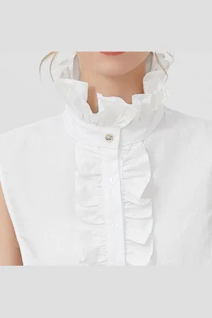 Merkloos Losse kraag wit katoen met hoog opstaand boord rouches / roezels - Blouse kraagje - Nep los kraagje | Wit | Ruches | Verstelbaar | DH collection