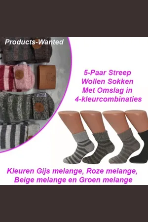 Merkloos 5-Paar Streep Wollen Sokken Met Omslag in 4 kleurcombinaties