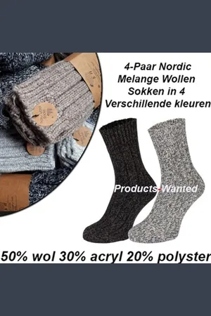 Merkloos 4-Paar Nordic Melange Wollen Sokken in 4 Verschillende kleuren 35-38