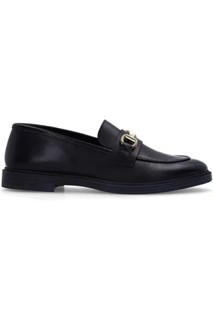 Manfield Dames - Zwarte leren loafers met goudkleurig detail