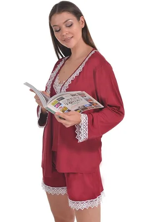 Merkloos Dames Katoen Pyjama | 4-delige set | Katoen nachtkleding | Katoen nachthemd | Elegant Katoen Ochtendjas | Cadeau voor dames | Kleur: | maat: M