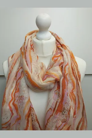 Merkloos Lange dames sjaal Tineke fantasiemotief wit roze abrikoos rood bruin goud
