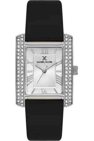 Daniel Klein DK.1.13896-1 - Horloge - Polshorloge - Analoog - Dames - Vrouwen - Leren band - Metaal - Rechthoek - Streepjes - Romeinse Cijfers - Briljanten - Zwart - Zilverkleurig