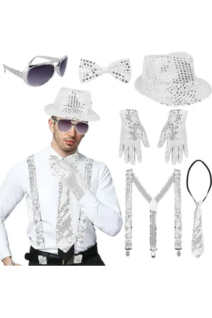 Merkloos Glitteraccessoires set van 6 voor heren - bretels - pailletten vlinderdas - stropdas - handschoenen - paillettenhoed - carnaval glazen - jazz dans