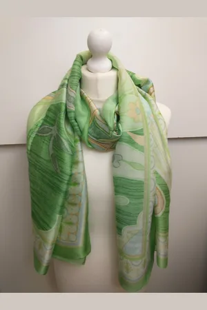 Merkloos Lange dames sjaal Bea fantasiemotief lime blauw beige bruin wit geel
