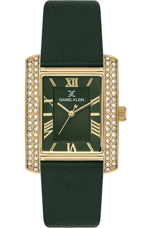 Daniel Klein DK.1.13896-2 - Horloge - Polshorloge - Analoog - Dames - Vrouwen - Leren band - Metaal - Rechthoek - Streepjes - Romeinse Cijfers - Briljanten - DonkerGroen - Goudkleurig