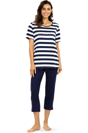 Comtessa Dames Pyjama - Katoen - Zomer - 7/8 broek - Donkerblauw Gestreept