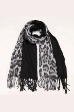 Merkloos Dames lange sjaal warm met panterprint zwart/grijs