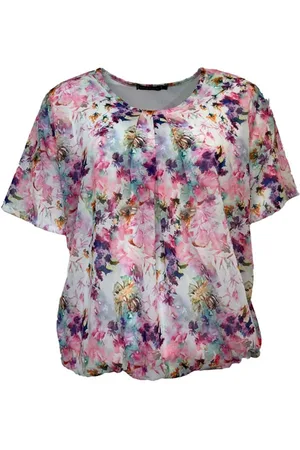 Merkloos Pink Lady blouse - E101 - print - korte mouwen, ronde hals, elastiek - maat S