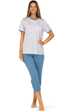 Comtessa Dames Pyjama - Katoen - Zomer - 7/8 broek - Wit Blauw