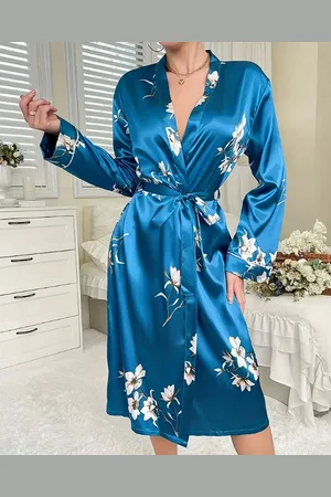 Merkloos Dames Satijnen kimono blauw met bloemenprint