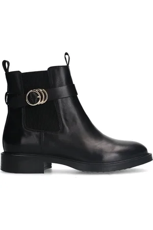 Manfield Dames - Zwarte leren chelsea boots met gesp