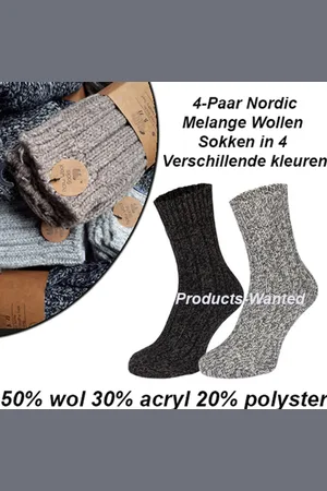 Merkloos 4-Paar Nordic Melange Wollen Sokken in 4 Verschillende kleuren 46-48