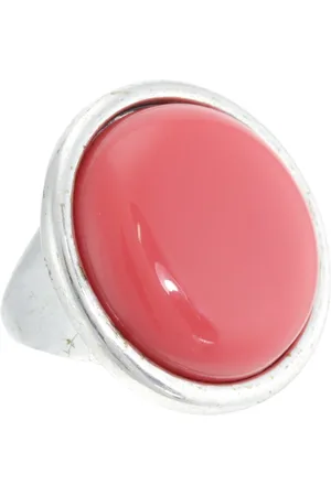 Behave Ring - Vintage zilverkleurige ring met ronde kunststof steen in koraalroze kleur – Elegant en tijdloos