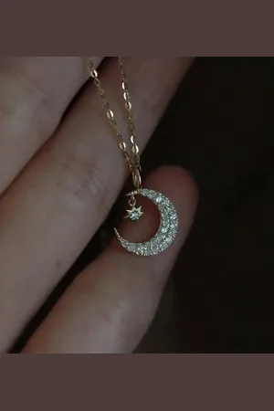 Zilver 925 Sterling en Vergulde Maan en Ster Ketting – Elegante Boho Stijl met Zirkonia
