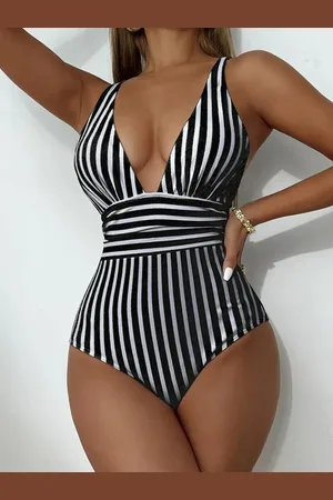 Merkloos Badpak dames- Gestreepte print hoog uitgesneden corrigerend badpak met diepe V-hals zwempak bikini badkleding en zwemkleding voor dames 218-