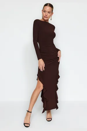 Trendyol Zwarte Rok Met Volantboot Kaya Maxi Rekbare Gebreide Jurk Twoaw24El00616