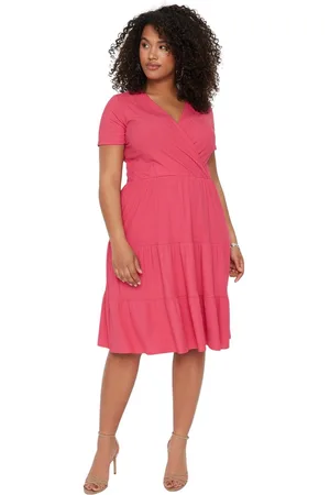Trendyol Groene V-Hals Bloemenpatroon Stakter Gebreide Plus-Size Jurk Tbbss22El1638