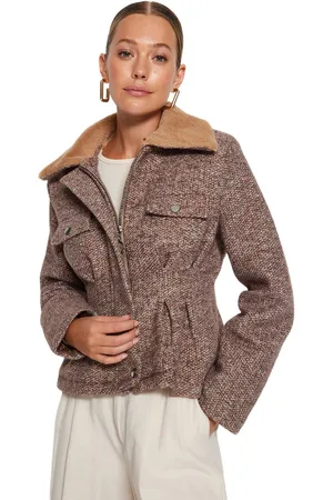 Trendyol Bruine Pluche Kraag Tweed Manchet Jas Twoaw24Kb00024