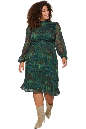 Trendyol Groene Omslagdoek Met Patroon, Midi/Middellange Lengte, Lange Mouwen, Gevoerde Chiffon Jurk Tbbaw24Ah00028