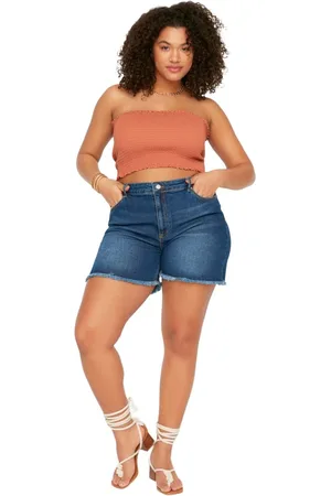 Trendyol Blauwe Flexibele Skinny Denim Short En Bermuda Met Hoge Taille Tbbss22Ap0007