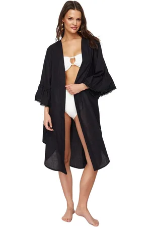 Trendyol Zwart Gebandeerde Mini Geweven Strand Kimono&Kaftan Tbess24Km00040