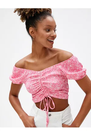 Koton Crop T-Shirt Met Bloemen, Off-Shoulder, Strikdetail Met Korte Mouwen