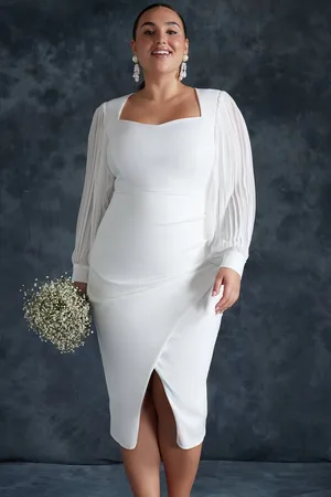 Trendyol Witte Lange Mouwen Split Geweven Plus Size Bruids/Elegante/Avond/Trouwjurk Tbbss24Ah00104