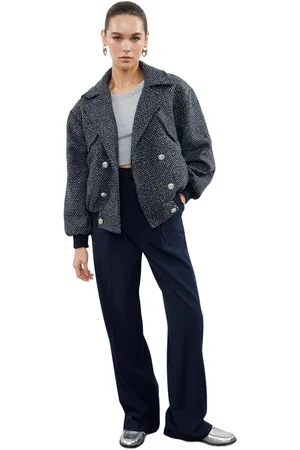 Trendyol Marineblauwe Oversized Gewatteerde Tweed Bomberjack Twoaw25Mo00060