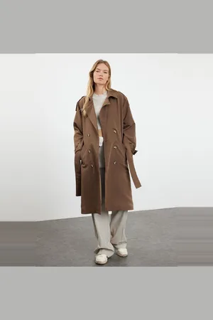 Trendyol Lichtkaki Oversized, Wijde, Waterafstotende Lange Trenchcoat Met Riem Twoss21Tr0005