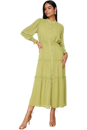 Trendyol Indigo Mouwen En Taille Gipedetail Gevoerde Chiffon Geweven Overhemdjurk Tctss24Eb00046