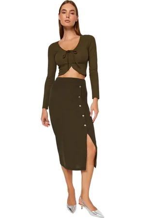 Trendyol Kaki Maxi-Knop Gedetailleerde Cr??pe Gebreide Kokerrok Twoss23Et00320