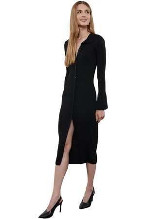 Trendyol Zwarte Maxi-Jurk Met Gebreide Mouwen En Gedetailleerde Polokraag Twoaw24El00046