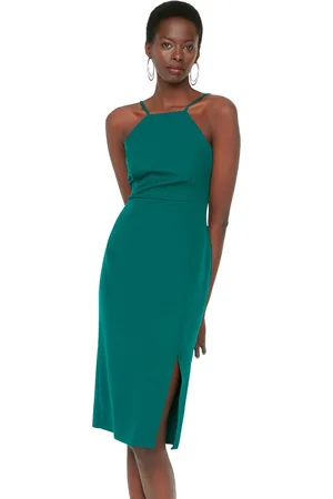 Trendyol Bordeauxrode Bodycon Split Halternek Midi Kokerrok Geweven Jurk Twoss19Bb0501